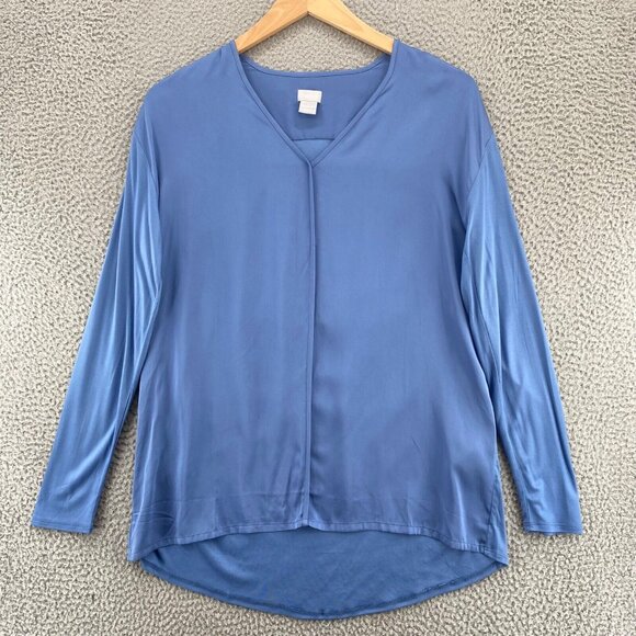 Chicos Top Womens 1 US Medium Blue Long Sleeve High Low Tunic V Neck Pullover - Picture 1 of 9